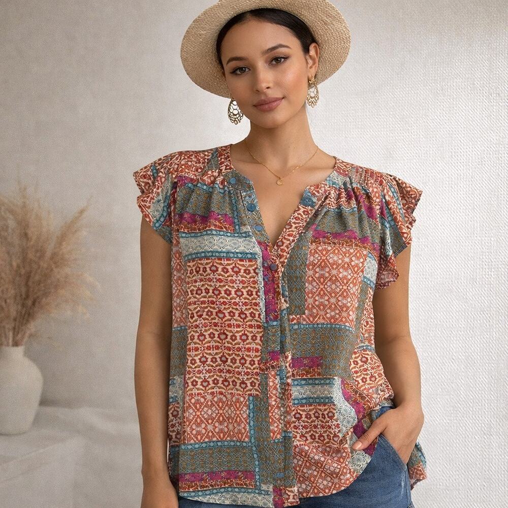 Rose + Olive Patchwork Boho Blouse 1X Tunic Indie Festival Top Hidden Button